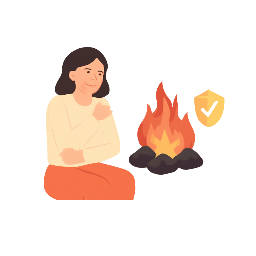Ilustração sobre ignorar a causa raiz das dores - mulher protegida com escudo contra o fogo